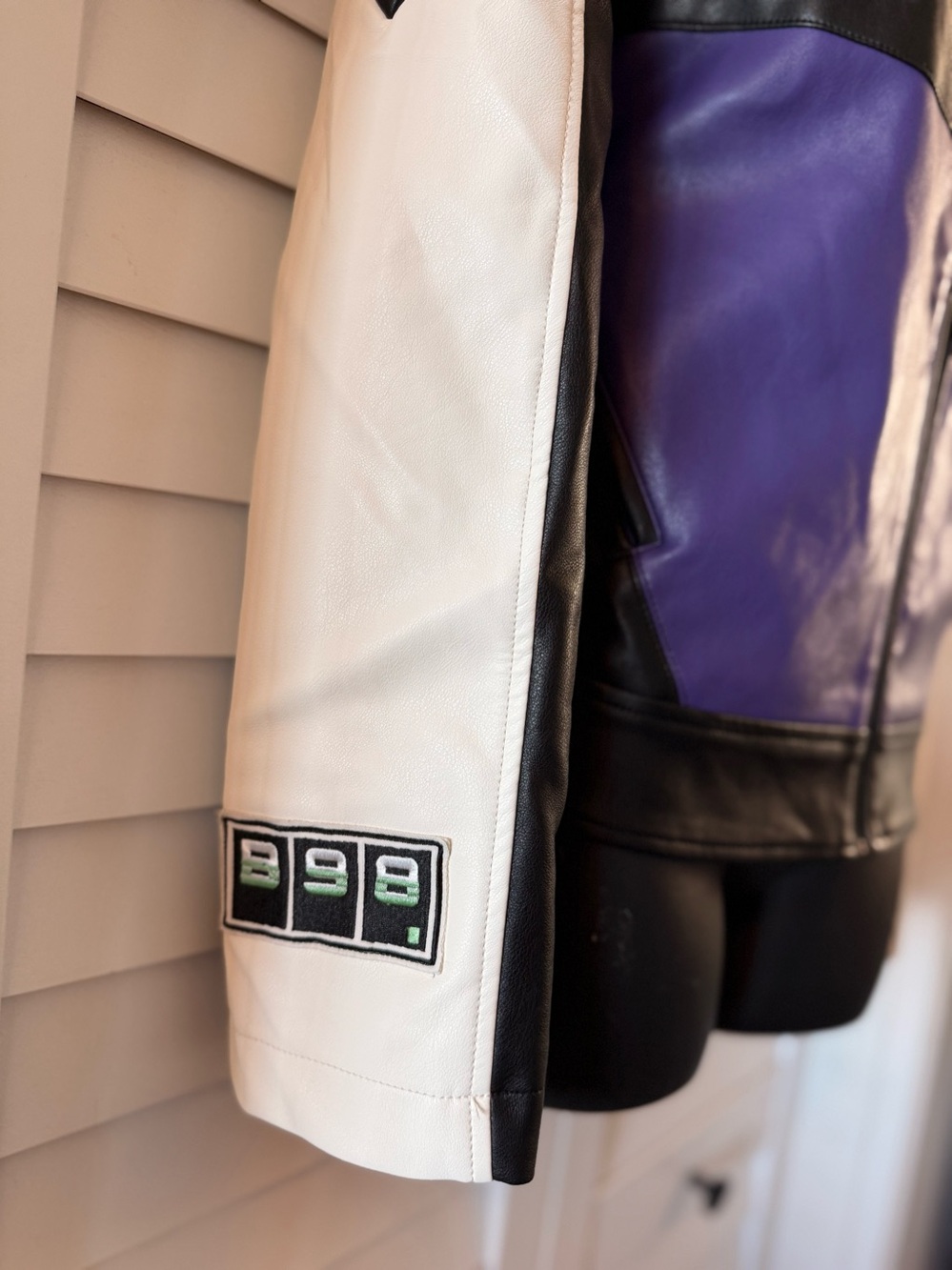 Bershka Faux Leather Racing Colour Block Moto Jacket Purple Y2K Size Medium M - Picture 8 of 17